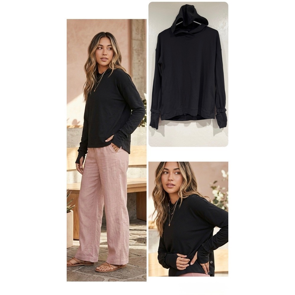 Lululemon Black Ruffle Cuff Hooded Thumbholes Pullover Womens Jacket Size 4